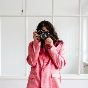 Lucky Girl Jacquard Floral Blazer + Cargo Pants Set in Coral Pink